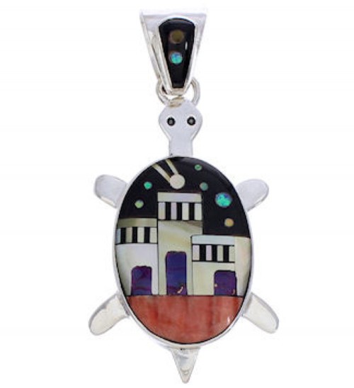 Turtle Multicolor Native American Design Silver Pendant MW77643