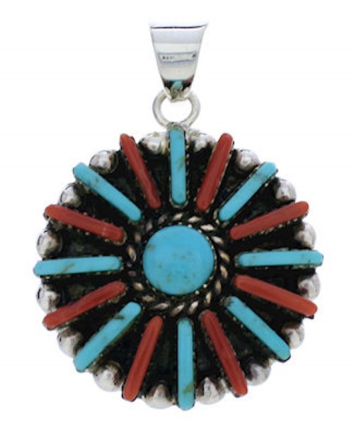 Coral And Turquoise Southwest Sterling Silver Pendant EX28624