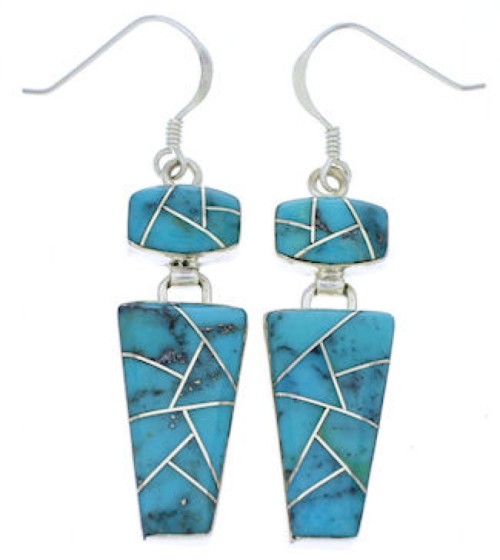 Turquoise Inlay Sterling Silver Jewelry Hook Dangle Earrings EX29532