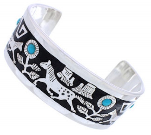 Turquoise Jet Inlay Horse And Flower Silver Bracelet NX27079