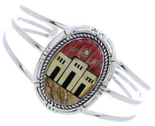 Multicolor Native American Village Design Silver Cuff Bracelet MX27467