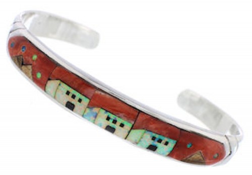 Multicolor Native American Village Design Silver Cuff Bracelet MX27593