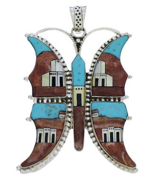 Silver Butterfly Multicolor Native American Design Pendant PX29776
