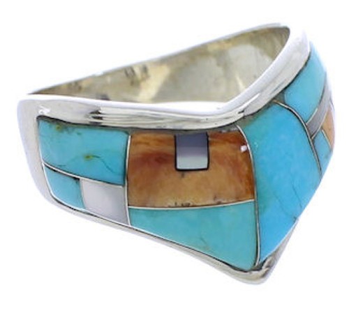 Sterling Silver Southwest Multicolor Inlay Ring Size 8-1/4 JX37908