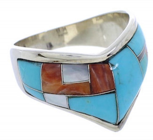 Silver Southwest Multicolor Inlay Ring Size 8-1/2 JX37910