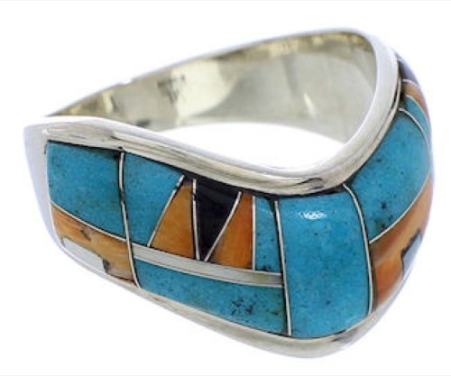 Multicolor Sterling Silver Southwest Inlay Ring Size 7-1/2 JX37806