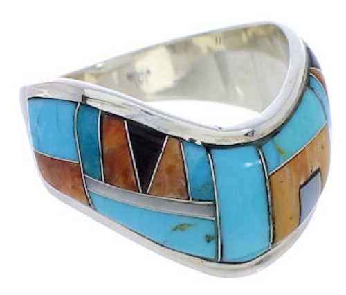 Silver Southwest Inlay Multicolor Ring Size 8-1/2 JX37815