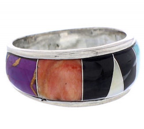 Sterling Silver Multicolor Inlay Jewelry Ring Size 7-1/4 UX35997