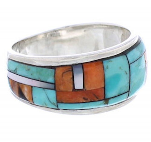 Southwest Sterling Silver Multicolor Inlay Ring Size 6-1/4 UX36031