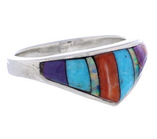 Southwest Sterling Silver Multicolor Inlay Ring Size 6-3/4 UX36220