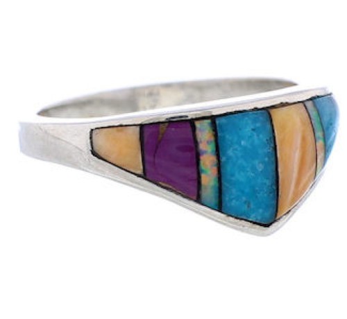 Sterling Silver Multicolor Inlay Jewelry Ring Size 6-3/4 UX36230