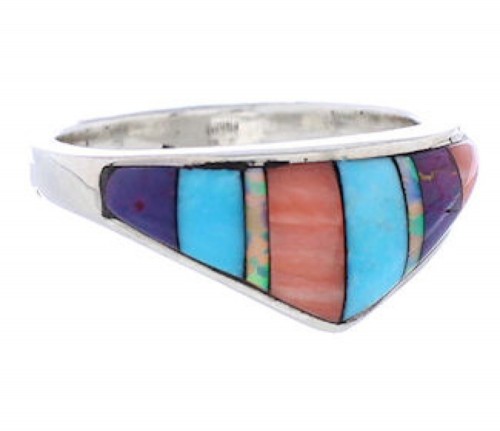 Southwest Sterling Silver Multicolor Inlay Ring Size 6-3/4 UX36459