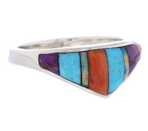 Southwestern Sterling Silver Multicolor Inlay Ring Size 7-3/4 UX36475