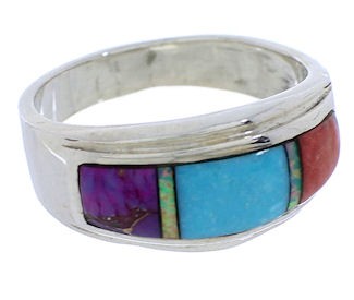 Multicolor Inlay Southwest Sterling Silver Ring Size 6-3/4 EX50984