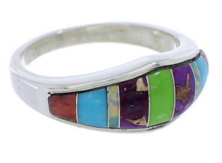 Southwest Turquoise Multicolor Silver Ring Size 6-3/4 EX51017