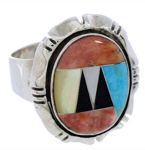 Sterling Silver Multicolor Inlay Ring Size 8-1/4 JX38251