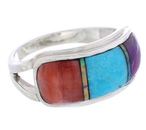 Multicolor Inlay Sterling Silver Southwestern Ring Size 7-3/4 CX50703