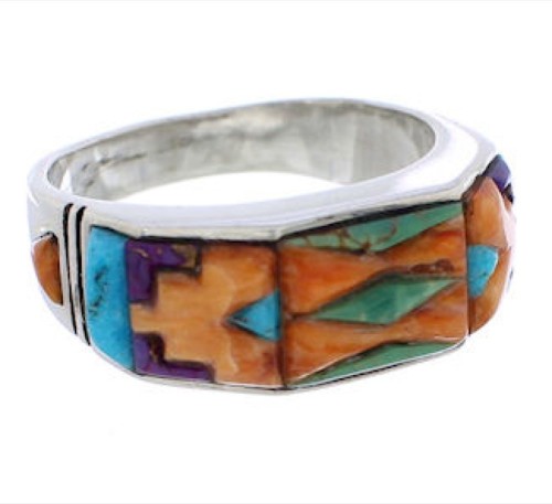 Multicolor Inlay Southwestern Silver Ring Size 7-3/4 CX50766