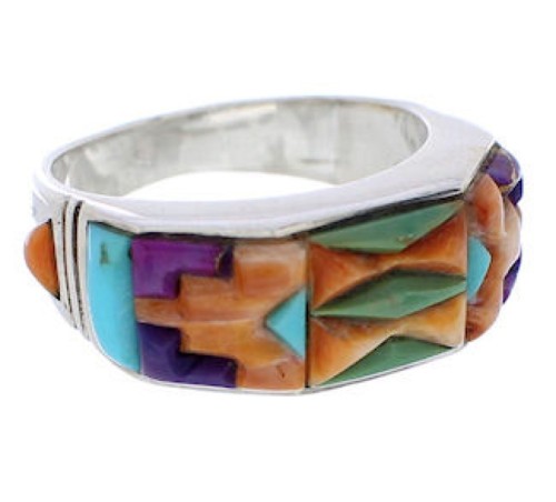 Silver Southwestern Multicolor Inlay Ring Size 6-1/2 CX50773