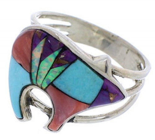 Southwest Bear Multicolor Inlay Sterling Silver Ring Size 8-1/2 CX52537