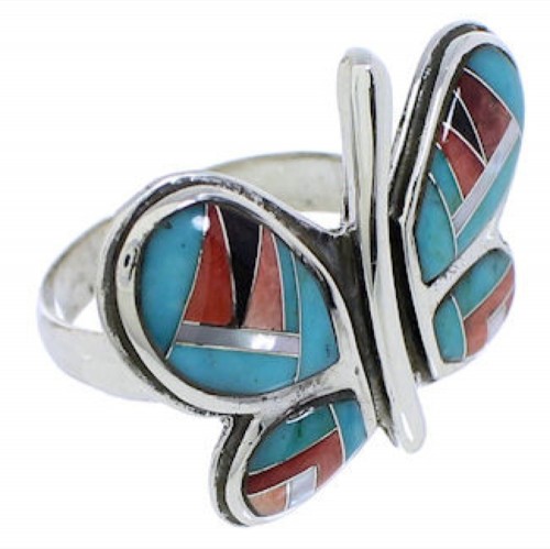 Multicolor Inlay Southwest Silver Butterfly Ring Size 7-1/2 CX52574