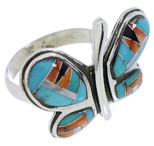 Silver Butterfly Southwest Multicolor Inlay Ring Size 9-1/2 CX52585