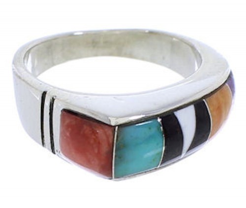 Southwest Genuine Sterling Silver Multicolor Inlay Ring Size 6 CX52654