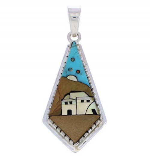 Multicolor Native American Village Design Silver Pendant EX30708