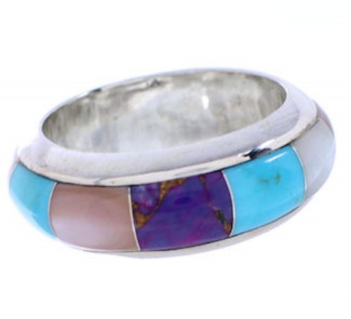 Southwestern Multicolor Inlay Sterling Silver Ring Size 7-1/2 TX41955