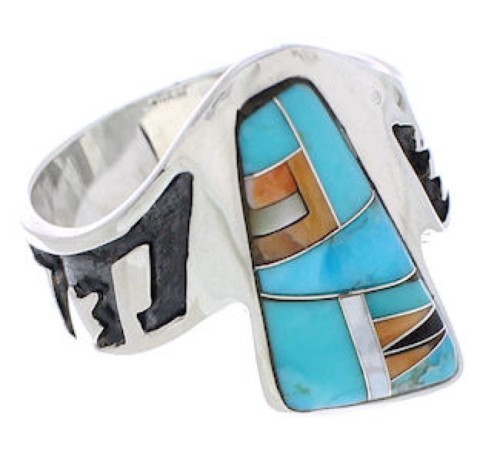 Southwestern Multicolor Inlay Silver Ring Size 8-3/4 EX56685