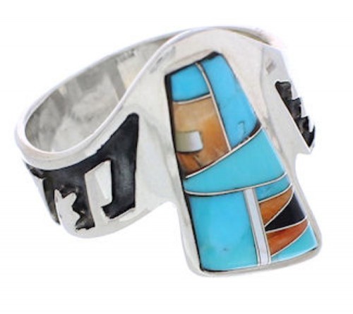 Multicolor Inlay Genuine Sterling Silver Ring Size 8-3/4 EX56696