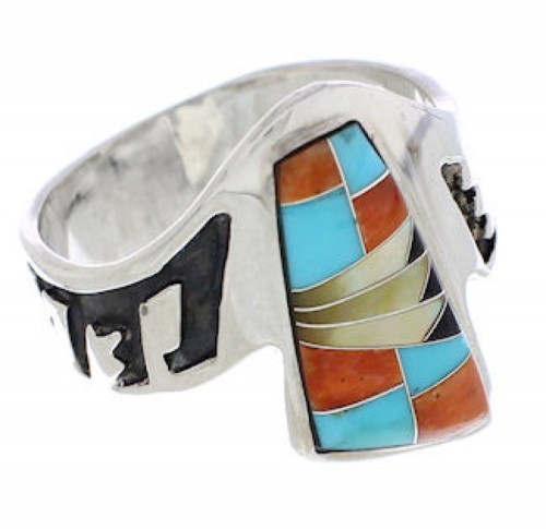 Multicolor Inlay Southwest Sterling Silver Ring Size 7-1/4 EX56701