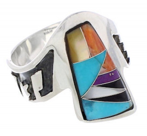 Southwest Multicolor Inlay Silver Ring Size 7-1/2 EX61080