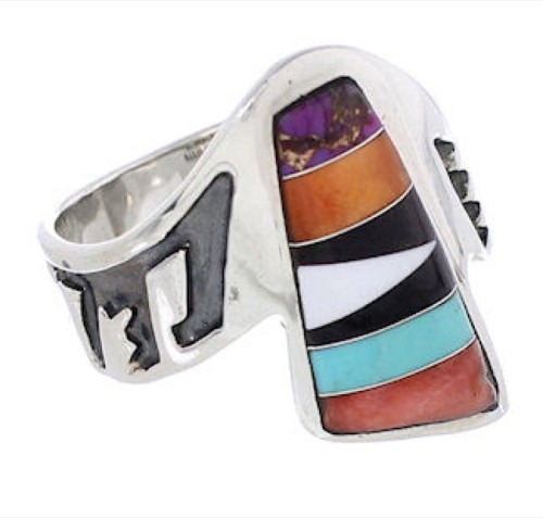 Southwest Sterling Silver Multicolor Inlay Ring Size 5-1/4 EX61173