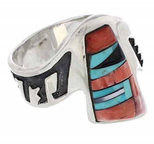 Multicolor Inlay Silver Southwestern Ring Size 8-3/4 EX61183