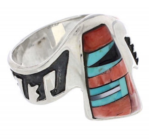 Southwestern Multicolor Inlay Silver Ring Size 7-1/2 EX61187