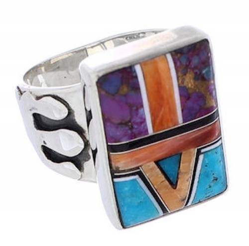 Turquoise Multicolor Inlay Sterling Silver Ring Size 8-1/4 EX61211