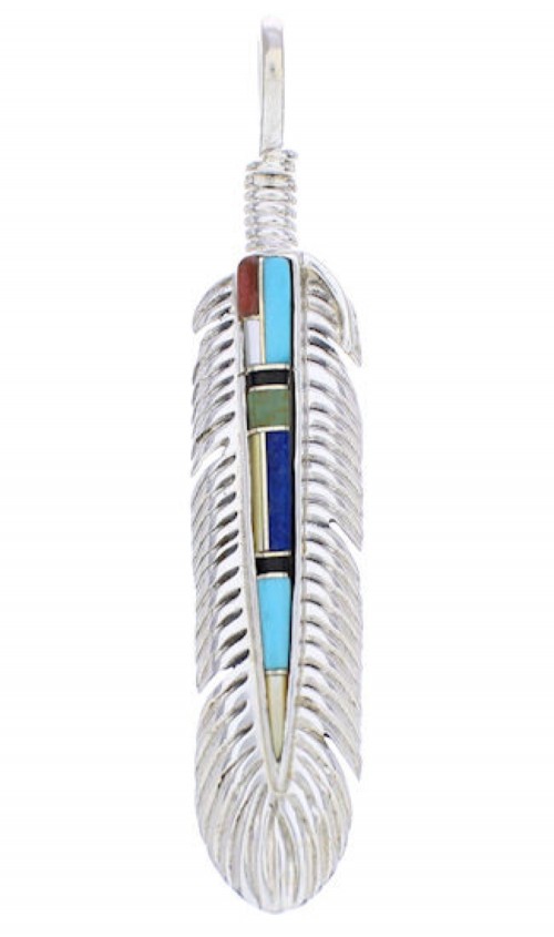 Southwest Multicolor Inlay Silver Feather Pendant EX29716