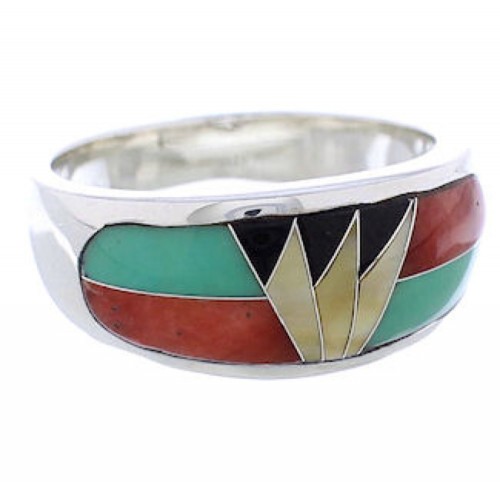 Southwest Sterling Silver Multicolor Inlay Ring Size 7-3/4 CX50073