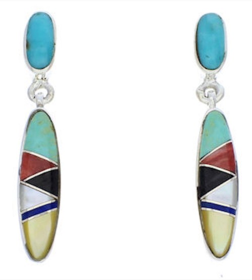 Multicolor Post Dangle Silver and Turquoise Inlay Earrings PX24216