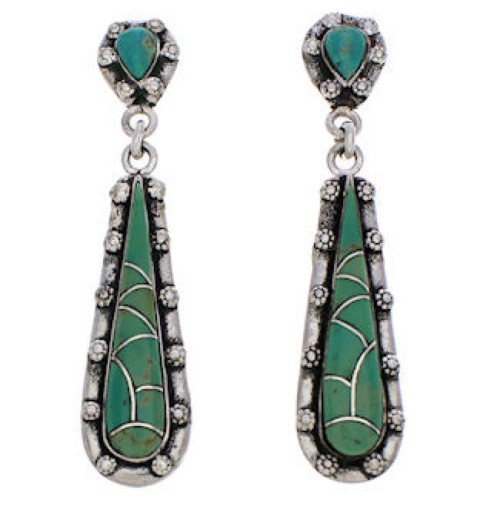 Genuine Sterling Silver Turquoise Inlay Post Dangle Earrings JX24162