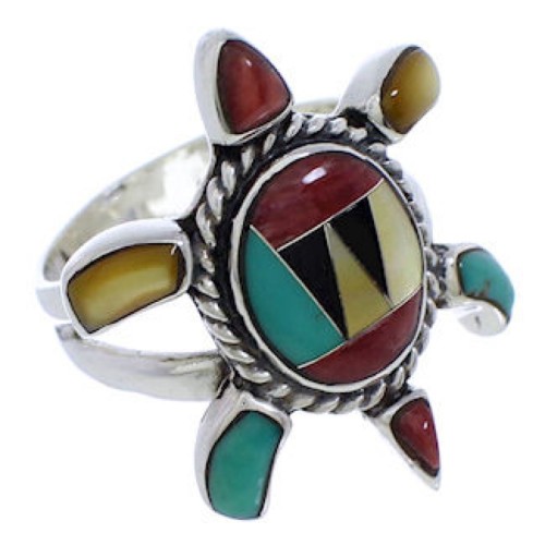 Multicolor Southwest Silver Inlay Turtle Ring Size 6-3/4 CX47074