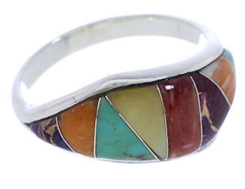 Southwestern Multicolor Inlay Silver Ring Size 8-3/4 EX50439