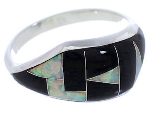 Sterling Silver Black Jade And Opal Inlay Ring Size 8-3/4 EX50532