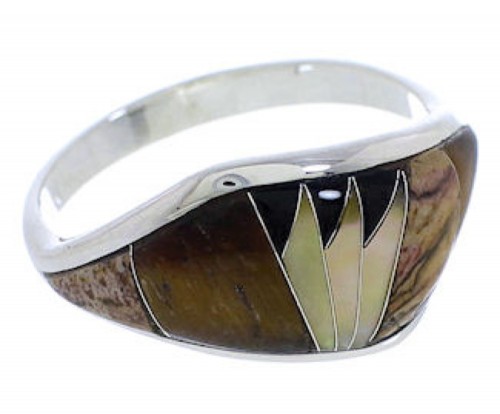 Southwest Multicolor Inlay Sterling Silver Ring Size 7-3/4 EX50543