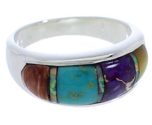 Multicolor Inlay Genuine Sterling Silver Ring Size 6-3/4 EX50582