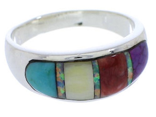 Southwest Sterling Silver Multicolor Inlay Ring Size 8-1/4 EX50587