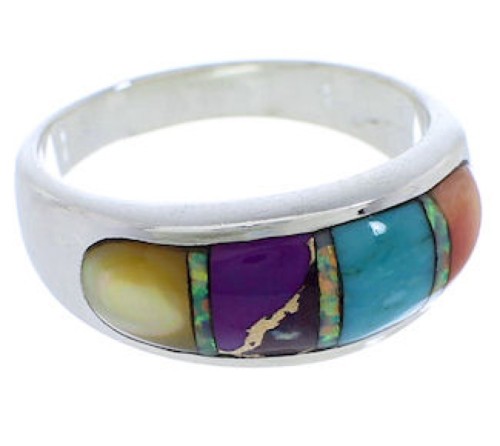 Multicolor Inlay Southwestern Silver Ring Size 7-1/2 EX50592