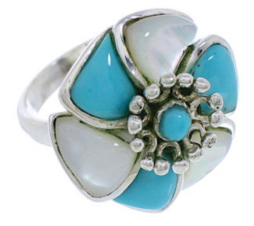 Southwest Turquoise Mother Of Pearl Flower Ring Size 7-3/4 EX23426