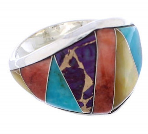 Sterling Silver Multicolor Inlay Jewelry Ring Size 8-3/4 EX22457